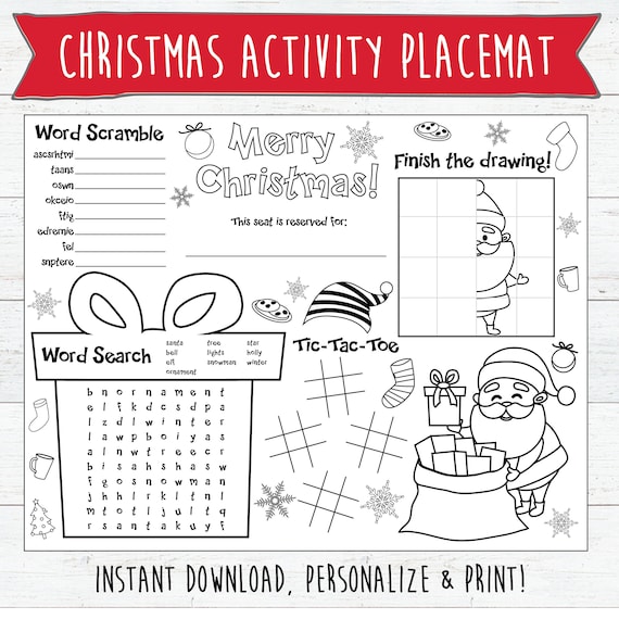 Kids Coloring Christmas Placemat | Christmas Activity Coloring Page | Kids Christmas Puzzles | Custom Kids Placemat | Santa Coloring Page