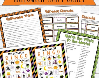 Halloweenfestspel | Ladda ner och skriv ut | Matchningsspel för filmskurkar | 30 Halloween-bingokort | Halloween-trivia | Halloween-charader
