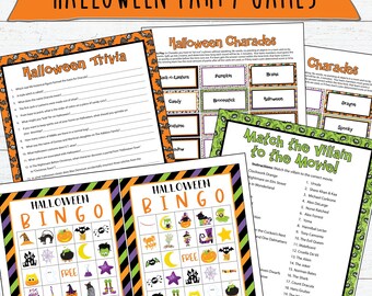 Halloween Party Games | Download and Print | Movie Villain Matching Game | 30 Halloween BINGO Cards | Halloween Trivia | Halloween Charades