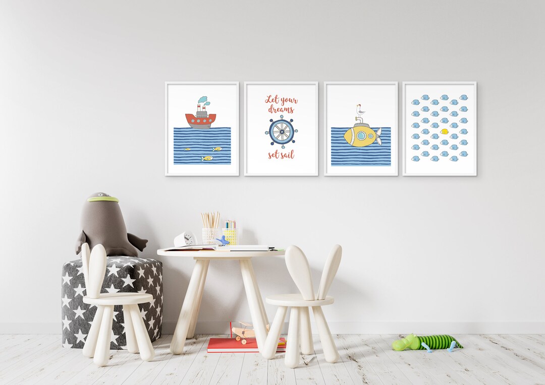 Set of 4 Nautical Wall Art | Printable Ocean Nursery Ideas | Yellow ...