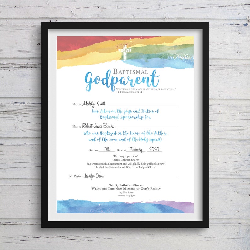 Baptism Godparent Certificate Printable Rainbow Instant Download Church