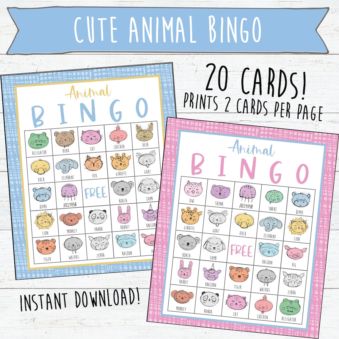 20 Cute Animal Bingo Cards Instant Download and Print Bingo Games for 20 Cute Animal Bingo Cards Instant Download and Print Bingo Games for