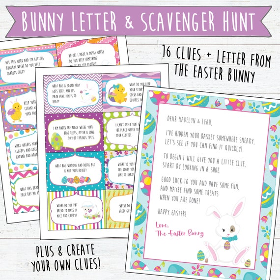 Easter Scavenger Hunt and Letter from Easter Bunny with Names | 16 Clues | 8 Editable Clue Cards | Instant Download and Print | Easter Games