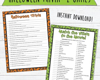 Curiosidades sobre Halloween - 2 jogos | Baixar | Jogo de combinação de vilões do filme | Jogos de festa de Halloween | Curiosidades sobre o Dia das Bruxas | Atividades divertidas de Halloween