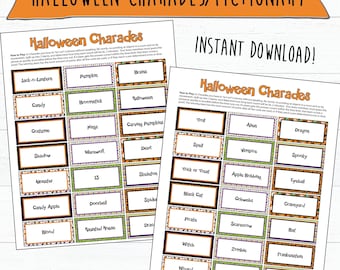 May include: Two printable Halloween Charades/Pictionary game sheets. The top banner reads "HALLOWEEN CHARADES/PICTIONARY". The game cards feature Halloween-themed words like "Pumpkin", "Witch", and "Zombie". The words are in rectangular boxes with decorative borders. The words are in English.