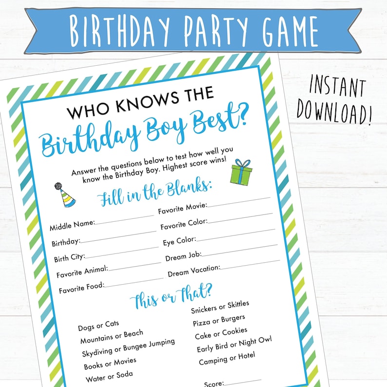 Birthday Party Games Printable Who Knows The Birthday Boy Etsy Birthday party games printable who knows the birthday boy etsy