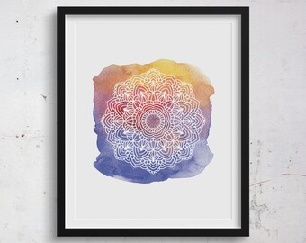 Blue and Yellow Mandala Printable Wall Art | Dorm Decor | Yoga Studio Art | Boho Chic Decor | Multicolor Watercolor Mandala | Zen Gift