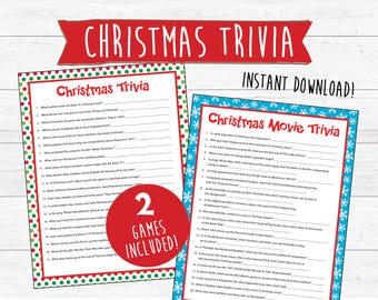 May include: Two printable Christmas trivia games with red and green polka dot borders and blue and white snowflake borders. The games are titled "Christmas Trivia" and "Christmas Movie Trivia". The text "2 Games Included!" is in a red circle with a green border.