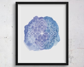 Blue Mandala Printable Wall Art | Watercolor Aqua Geometric Print | Relaxing Art | Bedroom Wall Art | Office Wall Decor | Indigo Spa Art