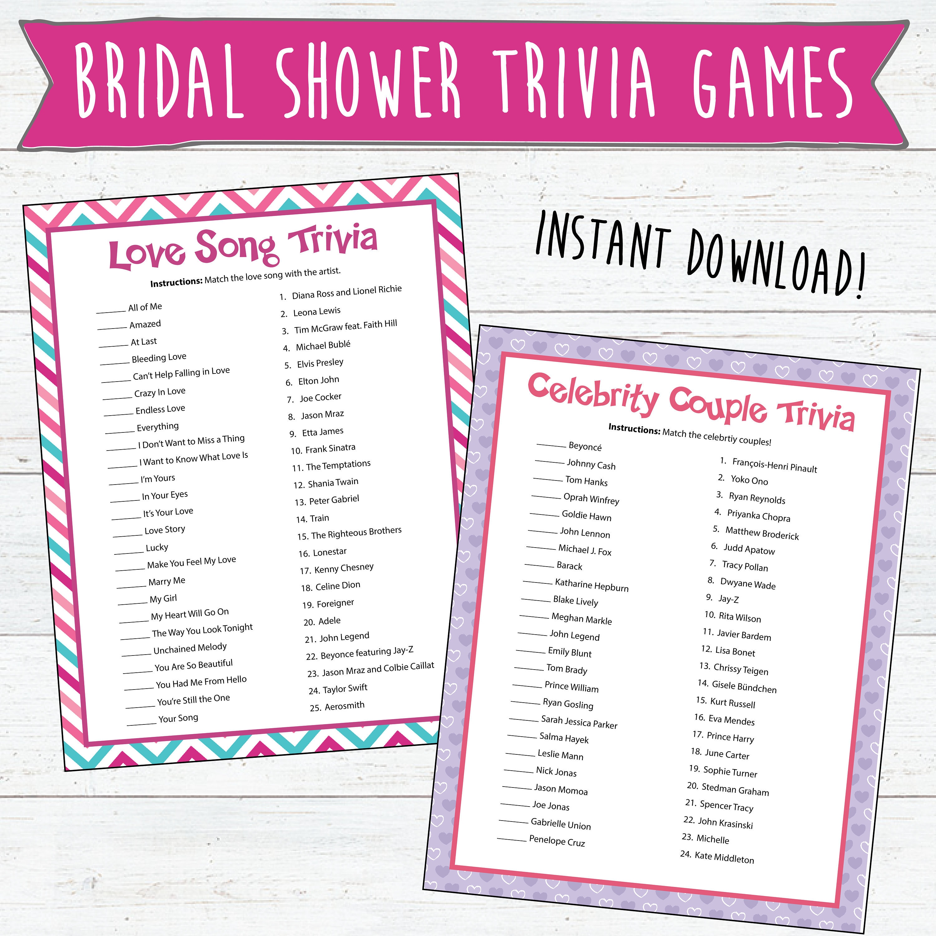Bridal Shower Trivia Games Printable Celebrity Trivia Valentine's Games
