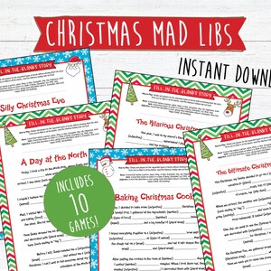May include: A set of 10 printable Christmas Mad Libs games. Each game features a different Christmas-themed story with fill-in-the-blank spaces for adjectives, nouns, verbs, and more. The games are designed for instant download and are perfect for family fun during the holiday season.