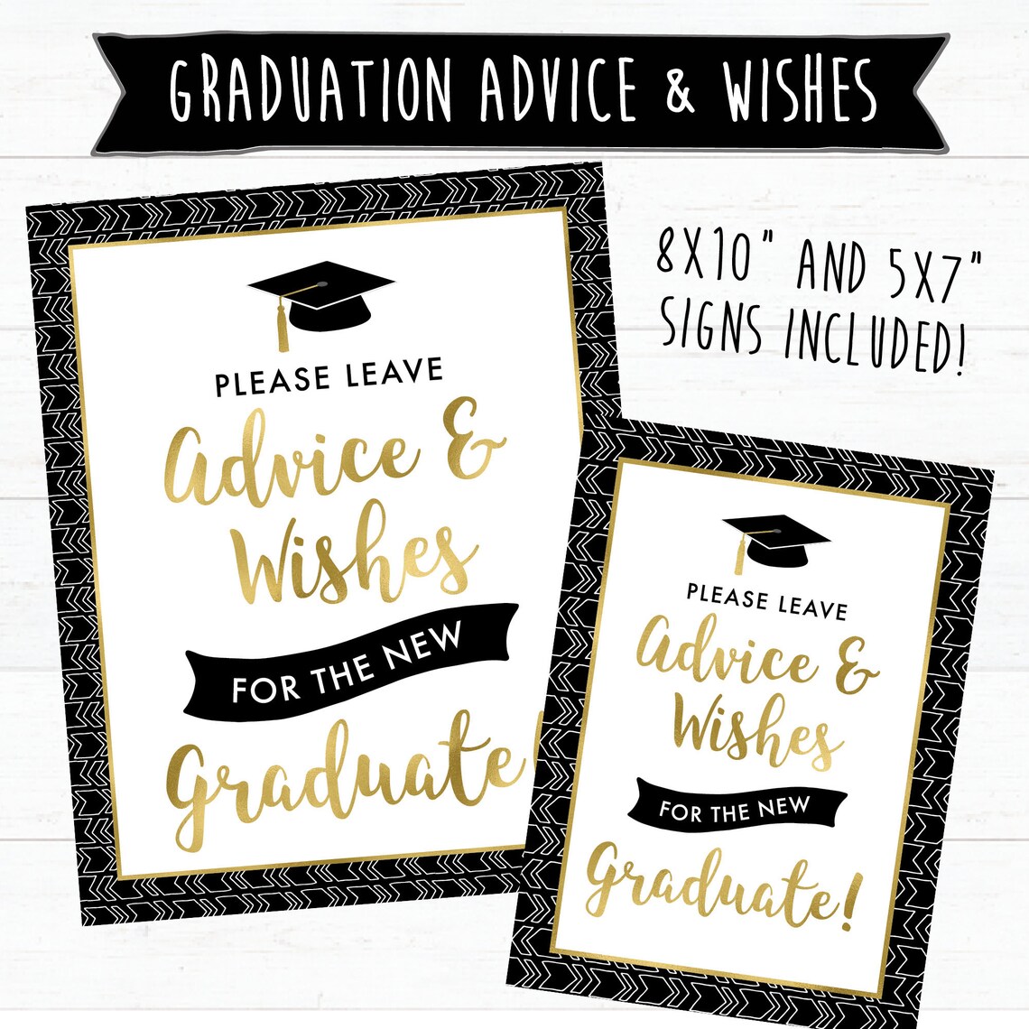 Graduate Advice and Wishes Cards With Matching Sign - Printable - Black ...