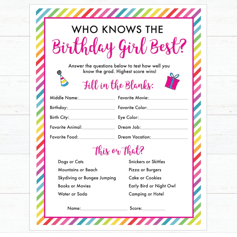 Birthday Party Games Printable Who Knows the Birthday Girl - Etsy
