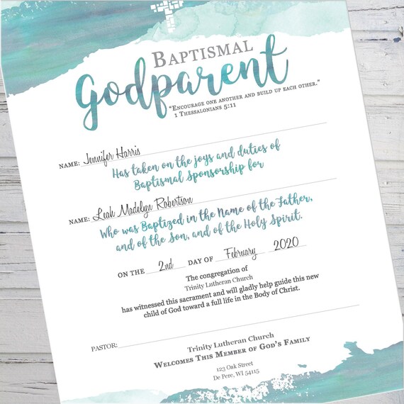 Baptism Godparent Certificate Printable Instant Download Etsy