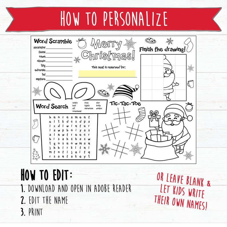 May include: A printable Christmas activity sheet with a word search, word scramble, tic-tac-toe game, and a drawing activity. The sheet features a Santa Claus theme and includes the text "Merry Christmas!" and "This seat is reserved for:"