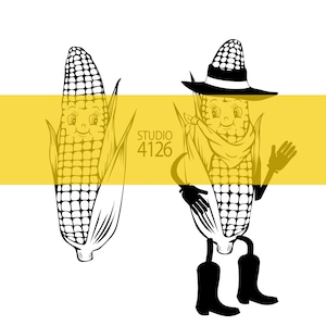May include: Two black and white illustrations of corn on the cob. One corn is wearing a hat and a scarf and has arms and legs. The other corn is just a simple illustration. The background is yellow.