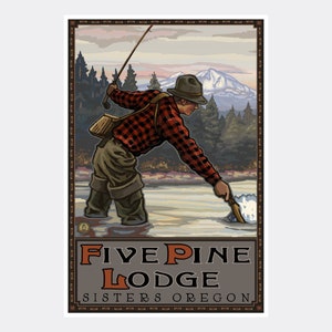 Five Pine Lodge Fly Fishing, Sisters, Oregon Giclee Art Print Poster from Travel Artwork by Artist Paul A. Lanquist