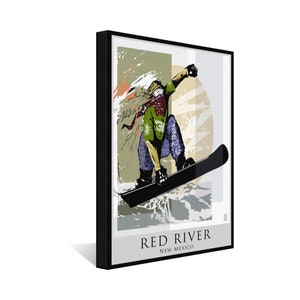 Red River New Mexico Extreme Snowboarder Canvas, Pillow, Blanket from Painting by Artist Mike Rangner