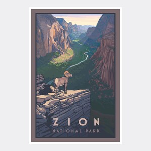 Zion Canyon Bighorn Sheep Zion National Park Giclee Art Print Poster from Travel Artwork by Artist Paul Leighton