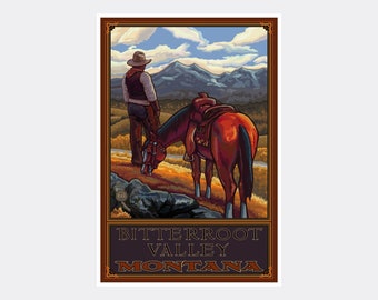 Bitterroot Valley Montana Cowboy On Range Giclee Art Print Poster from Travel Artwork by Artist Paul A. Lanquist