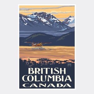 May include: A vintage travel poster featuring a scenic view of snow-capped mountains at sunset with a seaplane landing on a lake. The text reads "BRITISH COLUMBIA CANADA".