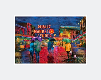 Pike Place Market Night Giclee Art Print Poster from Artwork by Artist Lisa Sofia Robinson
