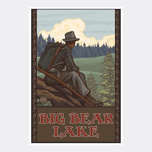 Big Bear Lake California Mountain Hiker Man Forest Giclee Art Print Poster from Travel Artwork by Artist Paul A. Lanquist