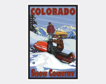 Colorado Snow Country Snowmobilers Giclee Art Print Poster from Travel Artwork by Artist Paul A. Lanquist