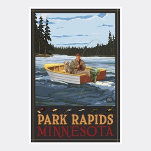 Park Rapids Minnesota Fisherman In Boat Forest Giclee Art Print Poster de Travel Artwork por el artista Paul A. Lanquist