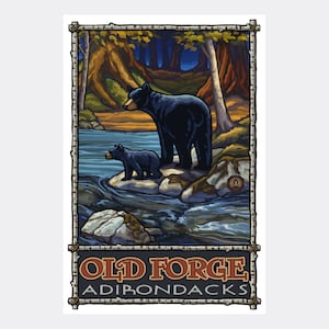 May include: A vintage-style illustration of a black bear and cub standing on rocks in a stream. The image is framed with a wooden border and features the text "Old Forge Adirondacks".