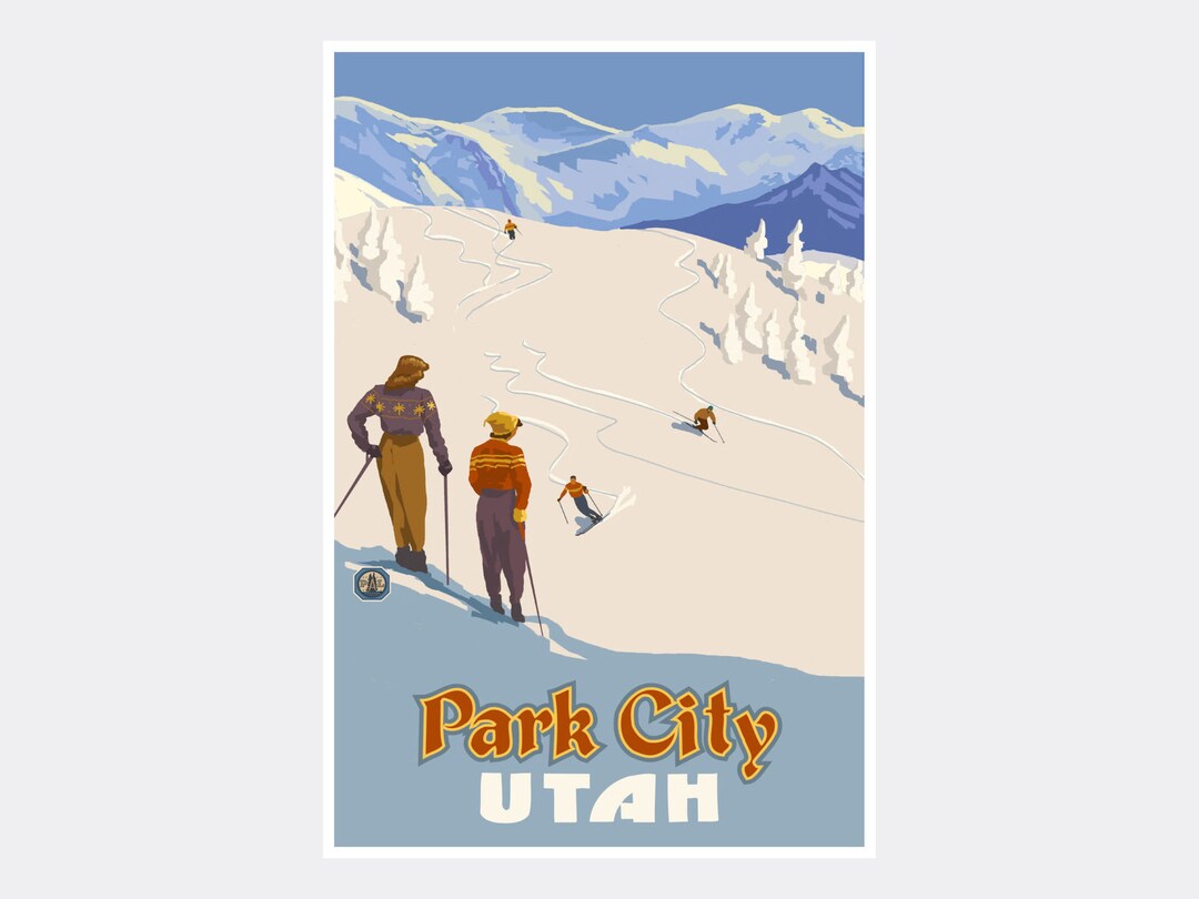 Park City Utah New Mountain Slope Skiers Giclee Art Print Etsy Finland