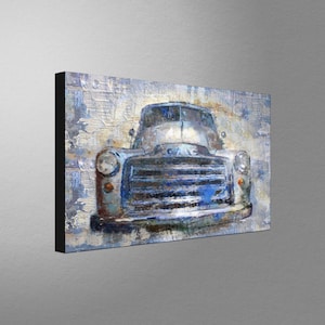 May include: A vintage blue and white GMC pickup truck with a textured background. The truck is painted in a distressed style, giving it a rustic look.