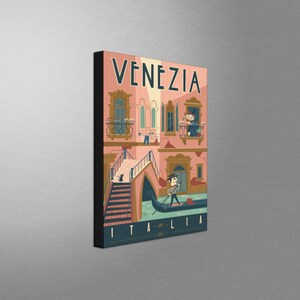 May include: A vintage-style illustration of a pink building with a gondola in the canal below. The building has a sign that reads "VENEZIA ITALIA".