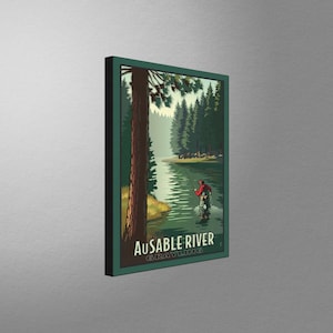 May include: A vintage-style illustration of a person fly fishing in a river surrounded by trees. The text "AUSABLE RIVER GRAYLING" is at the bottom of the image.