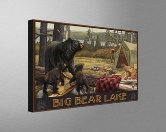 Big Bear Lake California Camper Bears Stretch Canvas, Pillow, Blanket from Travel Artwork by Artist Paul A. Lanquist