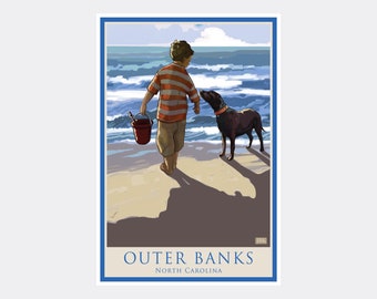 May include: A vintage-style travel poster featuring a boy and his dog on a beach. The poster has a blue border and the text "OUTER BANKS NORTH CAROLINA" at the bottom.