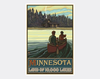 Minnesota Lake Canoers Forest Cabin Giclee Art Print Poster from Travel Artwork by Artist Paul A. Lanquist