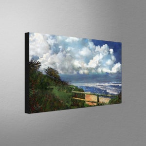 May include: A painting of a landscape with a wooden fence and a view of the ocean. The sky is filled with fluffy white clouds and the ocean is a deep blue. The painting is done in a realistic style.