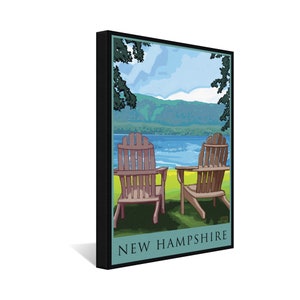 New Hampshire Adirondack Chairs Lake Stretch Canvas, Pillow, Blanket by Artist Joanne Kollman