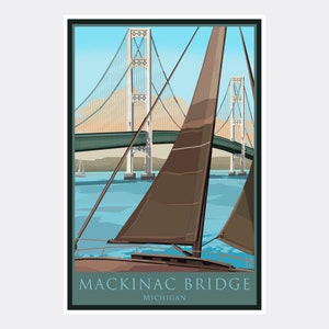Mackinac Bridge Michigan Mackinac Bridge Giclee Art Print Poster from Illustration by Artist Mike Rangner