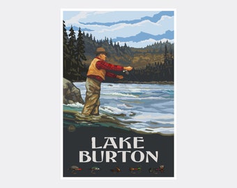 Impresión artística de pesca en el lago Burton, Georgia: póster de viaje vintage