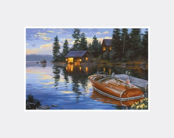 Lake Cabin & Chris-Craft Boat Giclee Art Print Poster from Watercolor by Outdoor and Wildlife Artist Darrell Bush