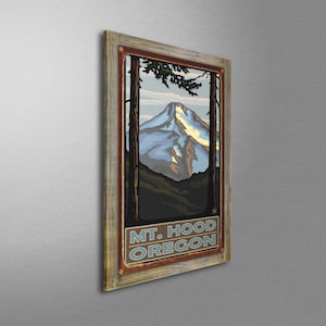 May include: A vintage-style poster featuring a scenic view of Mount Hood, Oregon. The mountain is depicted in shades of blue and white, with a forest in the foreground and a sky with clouds in the background. The text "MT. HOOD OREGON" is printed in brown and blue letters at the bottom of the poster.