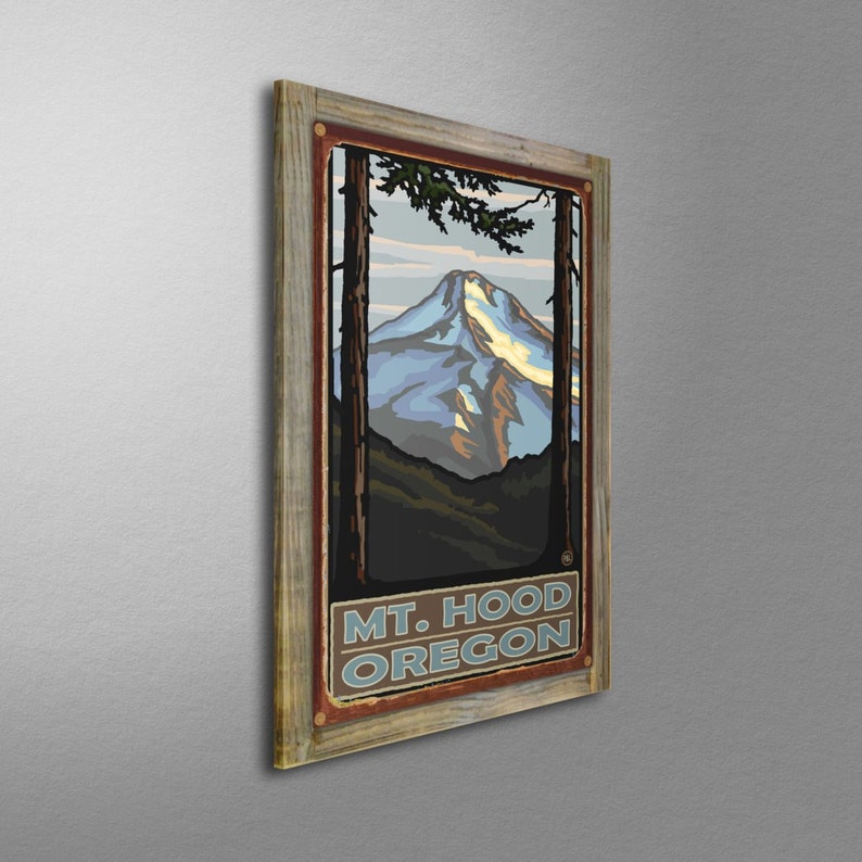 May include: A vintage-style poster featuring a scenic view of Mount Hood, Oregon. The mountain is depicted in shades of blue and white, with a forest in the foreground and a sky with clouds in the background. The text "MT. HOOD OREGON" is printed in brown and blue letters at the bottom of the poster.