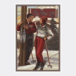 Big Bear Lake California Classic Skiers Giclee Art Print Poster from Travel Artwork by Artist Paul A. Lanquist