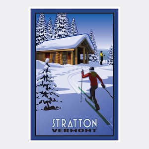 Stratton Vermont Cross Country Skiers & Cabin Giclee Art Print Poster from Travel Artwork by Artist Paul Leighton
