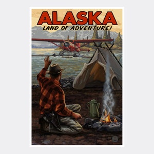 Alaska Land Of Adventure Wilderness Arrival Plane Giclee Art Print Poster from Travel Artwork by Artist Paul A. Lanquist