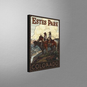 Estes Park Colorado Two Horse Riders Stretch Canvas, Pillow, Blanket from Travel Artwork by Artist Paul A. Lanquist