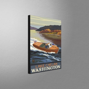 Lake Chelan Washington Woodie Boat Lake Stretch Canvas, Pillow, Blanket from Travel Artwork by Artist Paul A. Lanquist