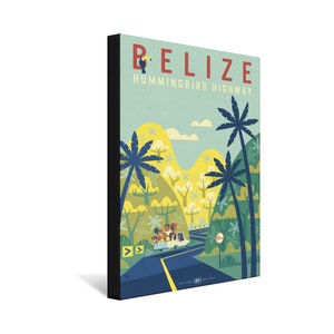 May include: A retro-style illustration of a road trip through Belize. The image features a yellow car with a group of people inside driving through a lush green jungle with palm trees. The text "Belize Hummingbird Highway" is displayed at the top of the image.